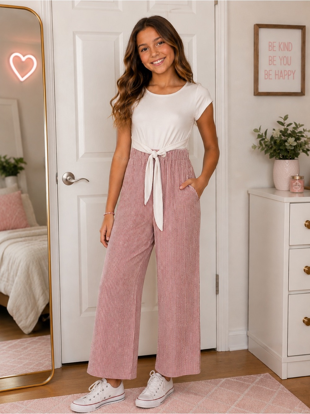 Girls Size 12 Pink Stripe Wide Leg Jumpsuit Tie Front One Piece Outfit